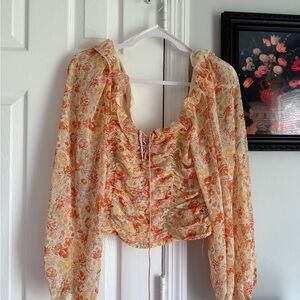 Free People Floral Ruffled Blouse - Orange and Cream